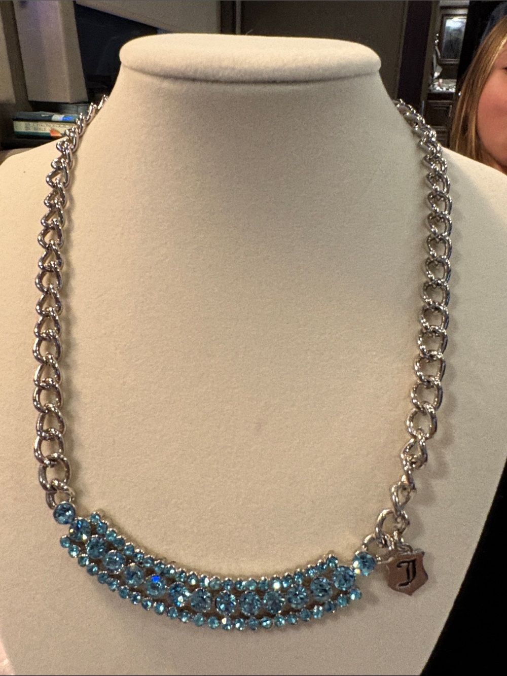 Juicy Couture Silver-Tone Necklace with Light Blue Crystal Bar
